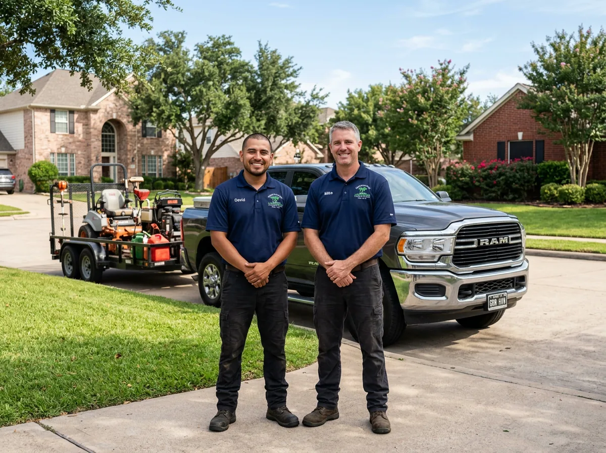 Sam and Jake standing in front of their landscaping work truck